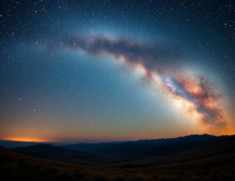 Breathtaking nightscape featuring the Milky Way arching across a starry sky above a serene landscape, capturing the vastness and beauty of the cosmos.