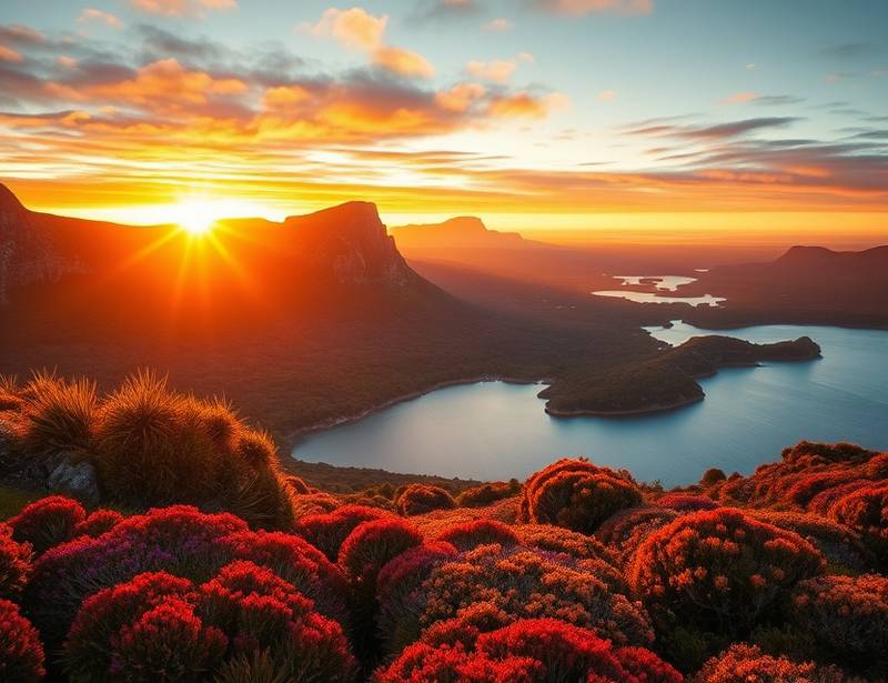 Captured breathtaking landscape scene during golden hour in Tasmania, Australia, showcasing vibrant colors and detailed textures.