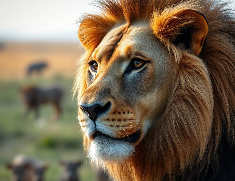 Close-up shot of a majestic lion in its natural habitat, showcasing its powerful gaze, detailed mane, and the surrounding African savanna landscape.