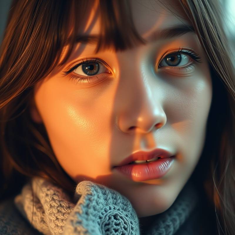 Close-up studio portrait of a young woman with soft, diffused lighting, highlighting her facial features and creating a warm, inviting atmosphere.